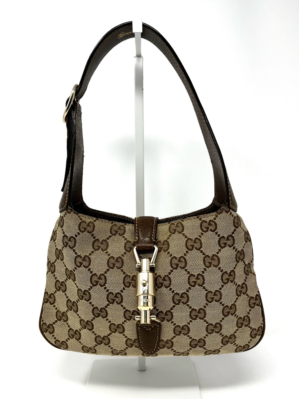 Gucci Mini Jackie GG Logo Monogram Shoulder Bag Purse Beige Canvas Brown Leather